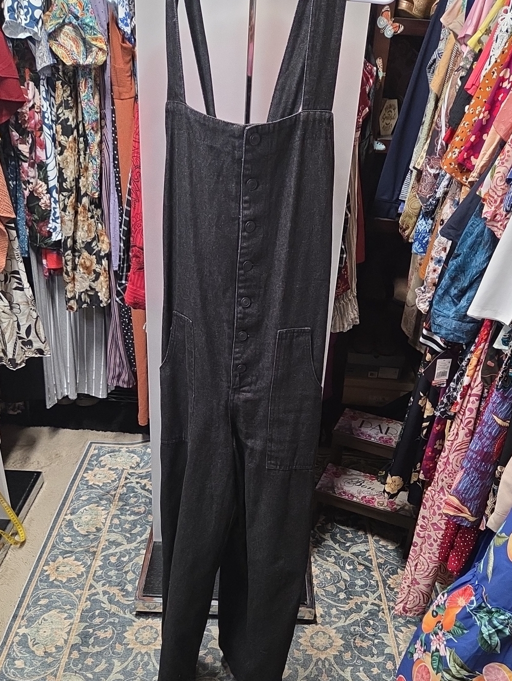 Black  Charcoal Denim Button-Front Overalls